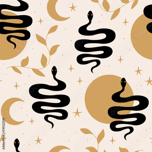 Seamless pattern with silhouettes of snakes, moon and leaves. Vector flat mystical background