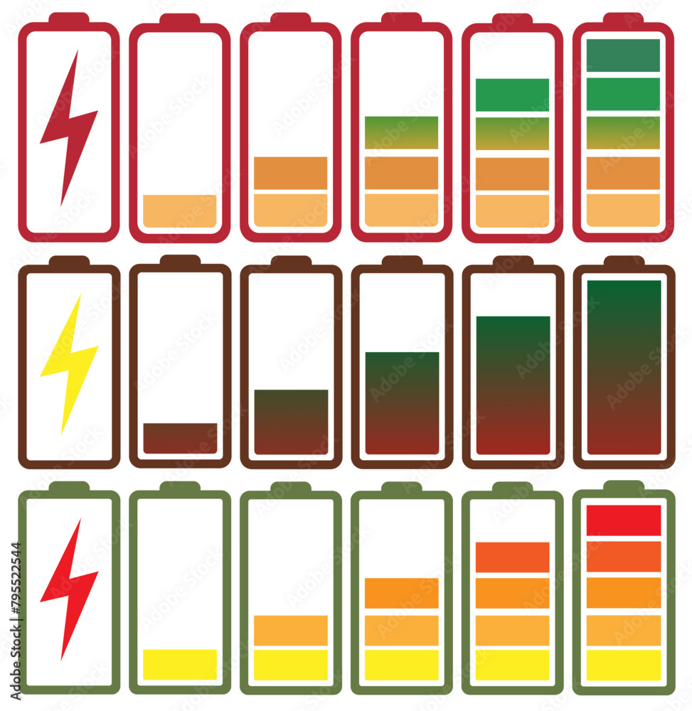 Battery charge. Battery charge indicator icons, vector graphics. Battery charge. Battery charge indicator icons, vector graphics.