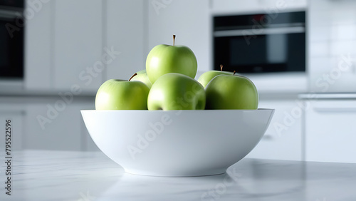 Green apples in white plate on the table on blurred interor of kitchen 