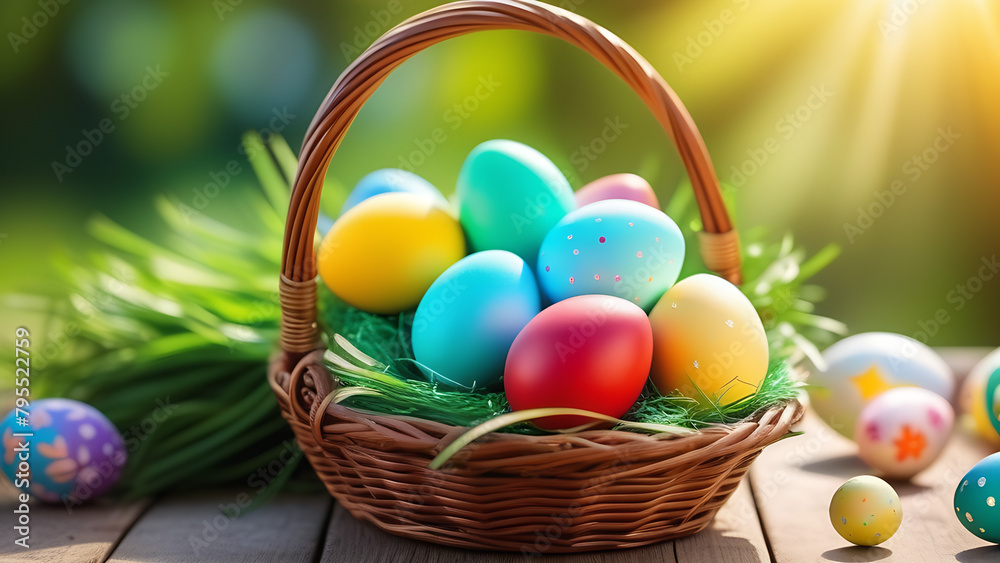 Basket with colored Easter eggs on blurred background