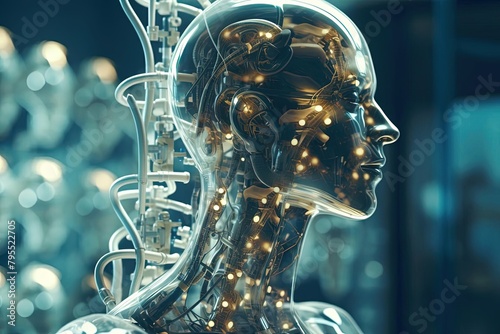 Cyber Person's Head and Torso with Metallic Skeleton - Close-Up - Artificial Inteligence - AI