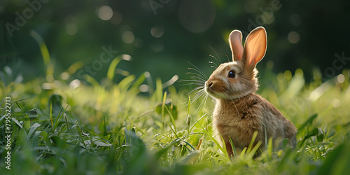 Easter Bunny with beautiful Spring Nature Brown cute bunny in the grass bokeh blur background rabbits in a field with a green background