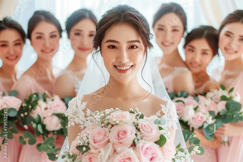 Asian bride woman with her bridesmaids smiling with bouquets of flowers