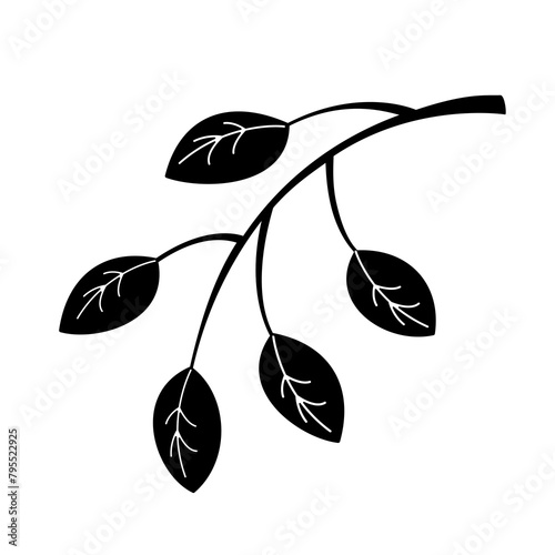 Tree branch black silhouette vector in flat cartoon doodle style. Nature clipart.Spring, summer seasonal plant isolated design element.Forest, woods, garden black and white illustration.Simple drawing