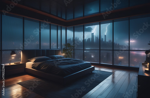 Interior of bedroom with dark blankets on bed,  and glowing lamp at night, raining outside