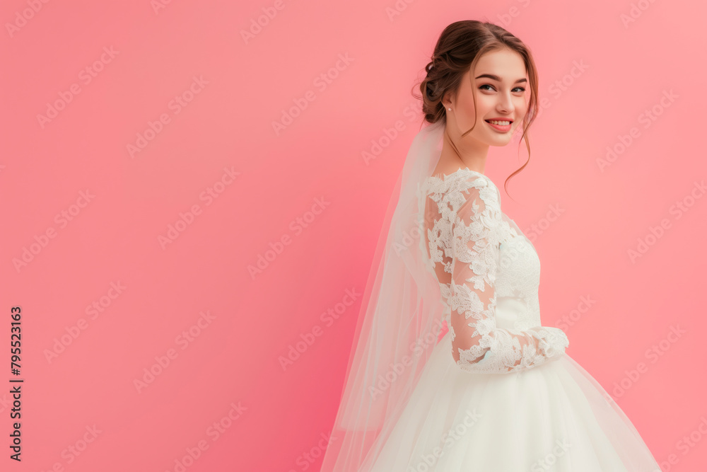 Happy young bride smiling in pink background Happy young bride smiling in pink background