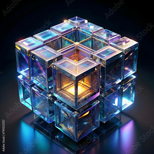 abstract 3d render glass cube on black background