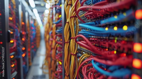 Internet Infrastructure: A photo of network cables neatly organized and connected to servers in a server room photo