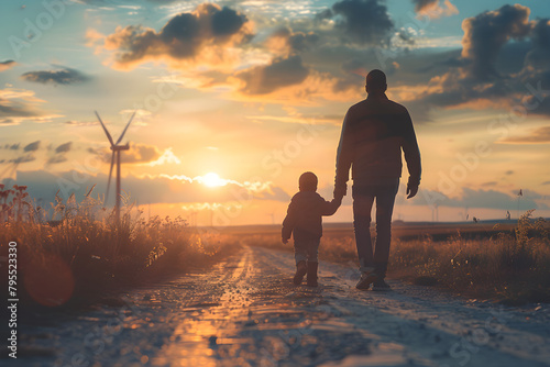Father and son walking hand in hand, looking at the windmills at sunset, representing a family bonding and appreciation of renewable energy. photo