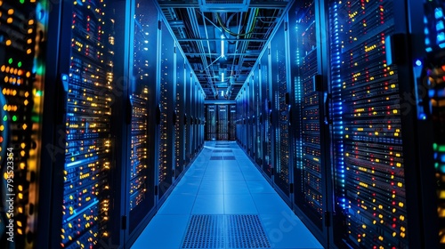 Internet Infrastructure: A photo of a server room with servers and equipment neatly organized on racks photo