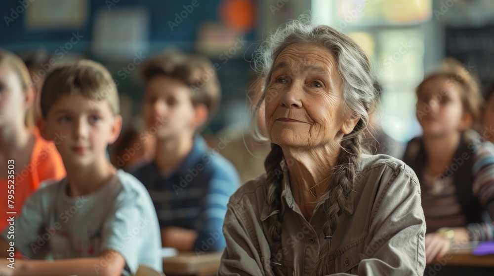 grandmother being a student in a classroom with her teenage classmates. learning concept, senior citizens, classes, grade