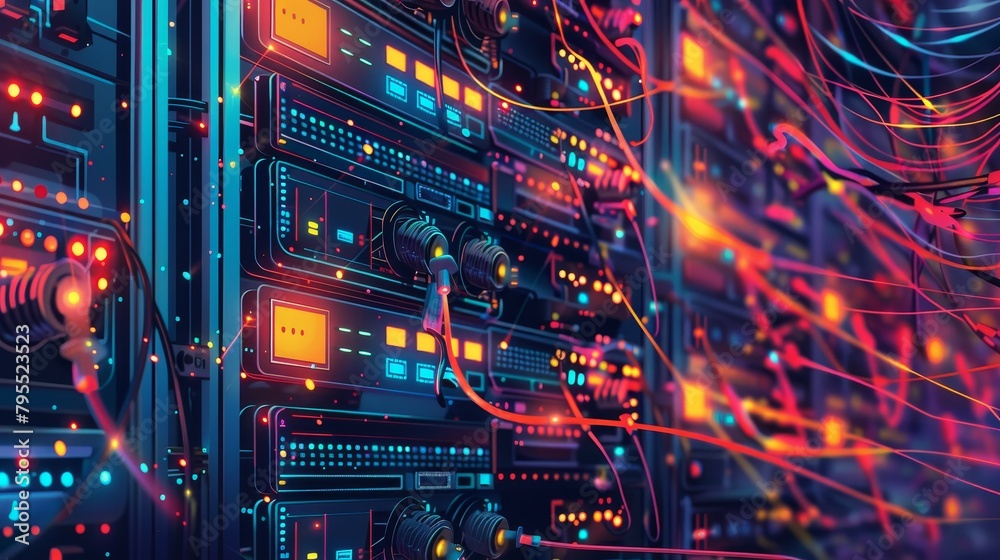 Internet Infrastructure: A vector illustration of a server rack with network cables Internet Infrastructure: A vector illustration of a server rack with network cables
