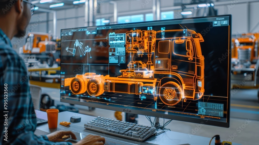 A computer monitor displays a drawing of a truck A computer monitor displays a drawing of a truck