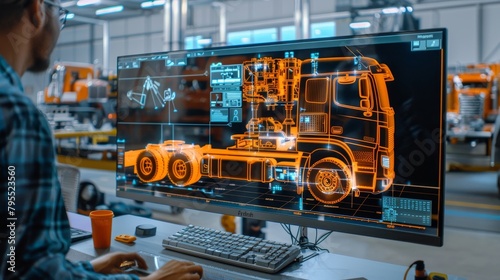 A computer monitor displays a drawing of a truck © OZTOCOOL