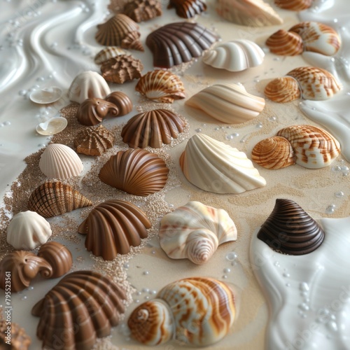 /imagine: prompt: 3d rendering of seashells made of white and brown chocolate