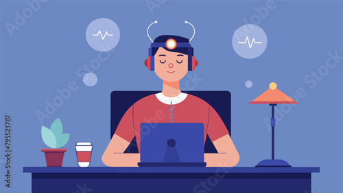 A person sits at their desk their hands resting on a biofeedback device that helps them regulate their brain activity and improve their mindfulness.