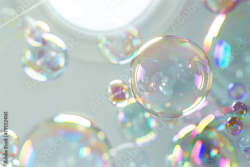 Fragile rainbow colors shimmering in a close-up depiction of soap bubbles, super realistic