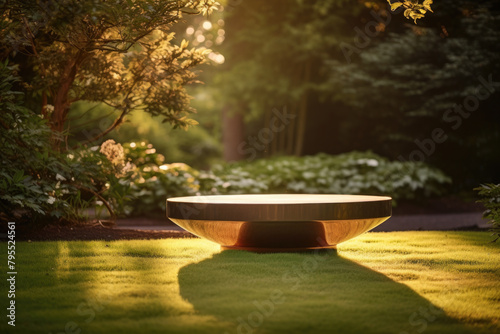Wooden platform on green grass in parks natural landscape. Wood empty product podium in garden, glowing under sunset light, surrounded by trees for natural outdoor view