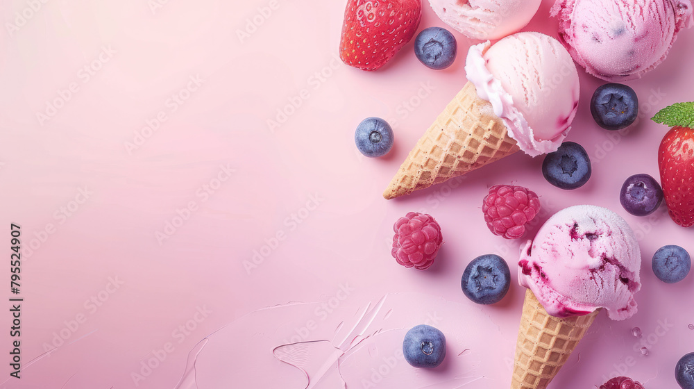 Pink background with ice cream and berries Pink background with ice cream and berries