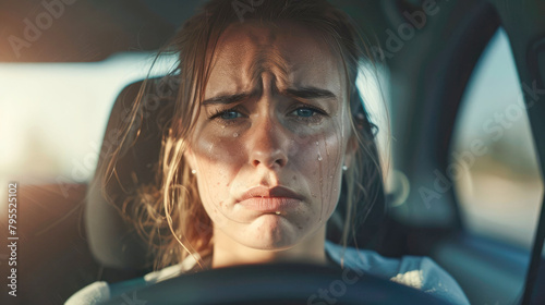 Upset and crying woman driving a car, close-up portrait
