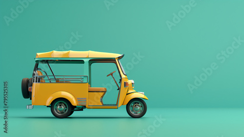 A yellow tuk-tuk against a teal background.