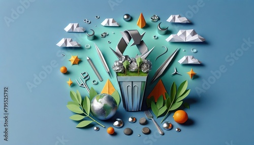 illustration of a plastice waste orgami style ,A 3D Potpourri of Geometry, Flora, and Citrus Against a Lively Blue Canvas.” Potpourri of Geometry, Flora, and Citrus Against a Lively Blue Canvas.” photo