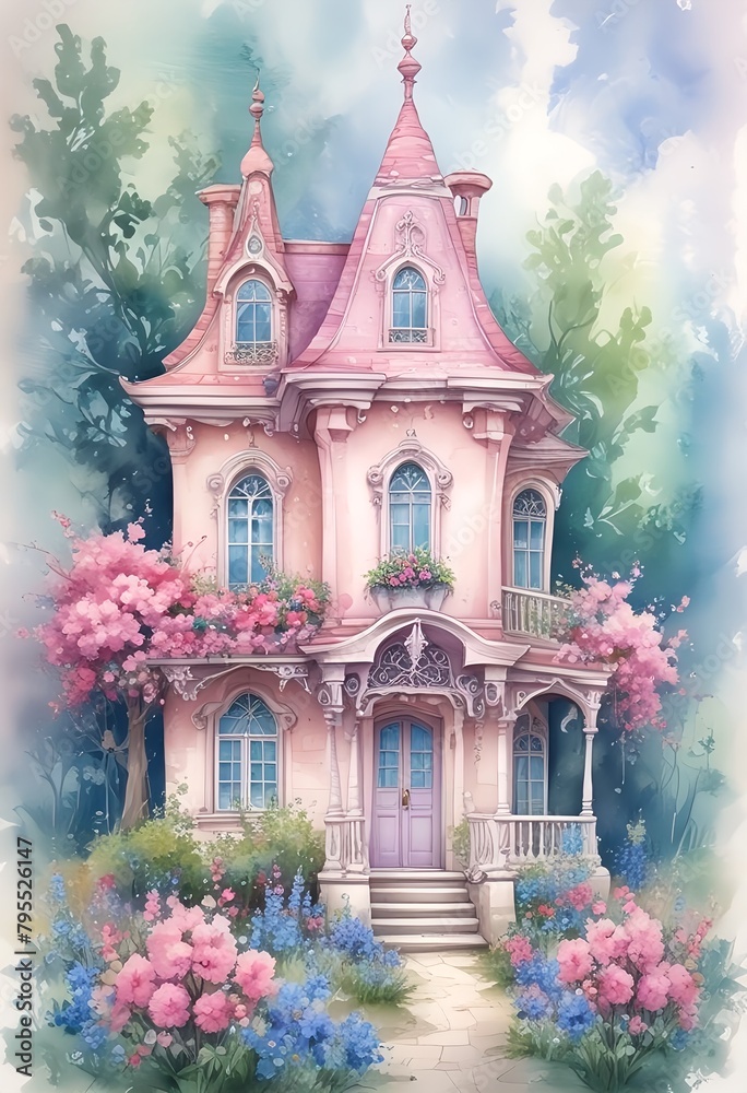 Pink House in the Wood flowers trees aquarell art