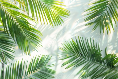 Lush palm fronds swaying gently on a transparent white backdrop, creating a tropical ambiance