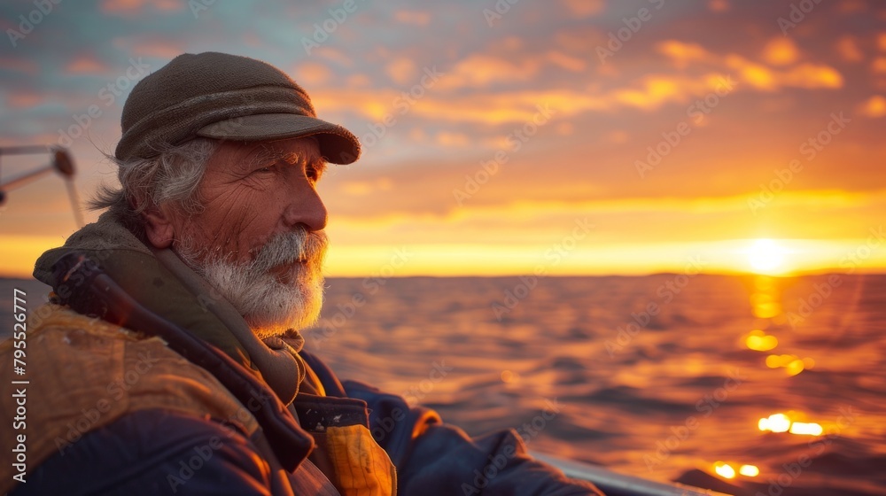 Obraz premium Fisherman, portrait wrinkles from sunlight exposure. Boats, ships and water or fishing for work, closeup and senior male angler for career by ocean