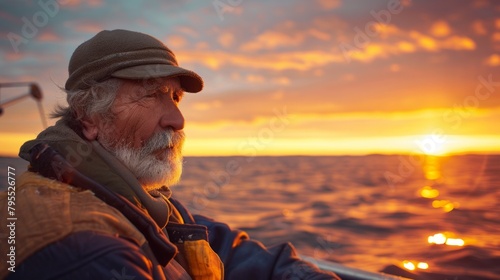 Fisherman, portrait wrinkles from sunlight exposure. Boats, ships and water or fishing for work, closeup and senior male angler for career by ocean