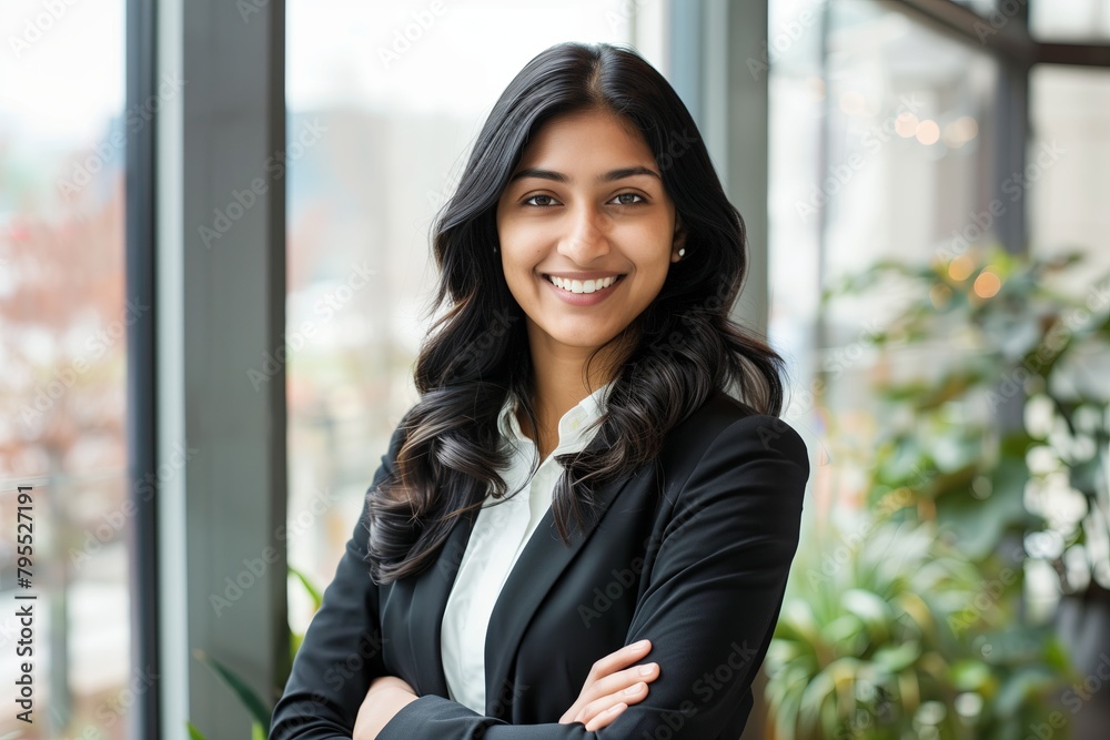 Portrait of a successful Indian businesswoman standing confidently in her office, embodying professionalism and happiness in her career Portrait of a successful Indian businesswoman standing confidently in her office, embodying professionalism and happiness in her career