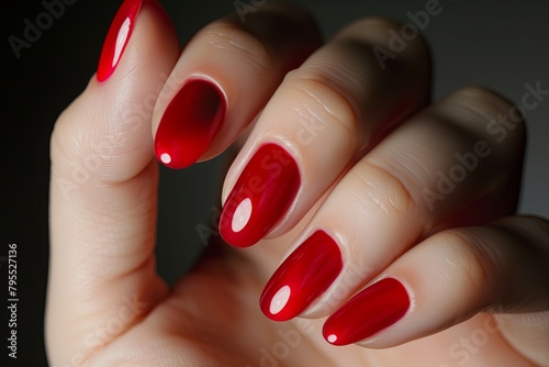 Glamour woman hand with classic red nail polish on her fingernails. Red nail manicure with gel polish at luxury beauty salon. Nail art and design. Female hand model. French manicure