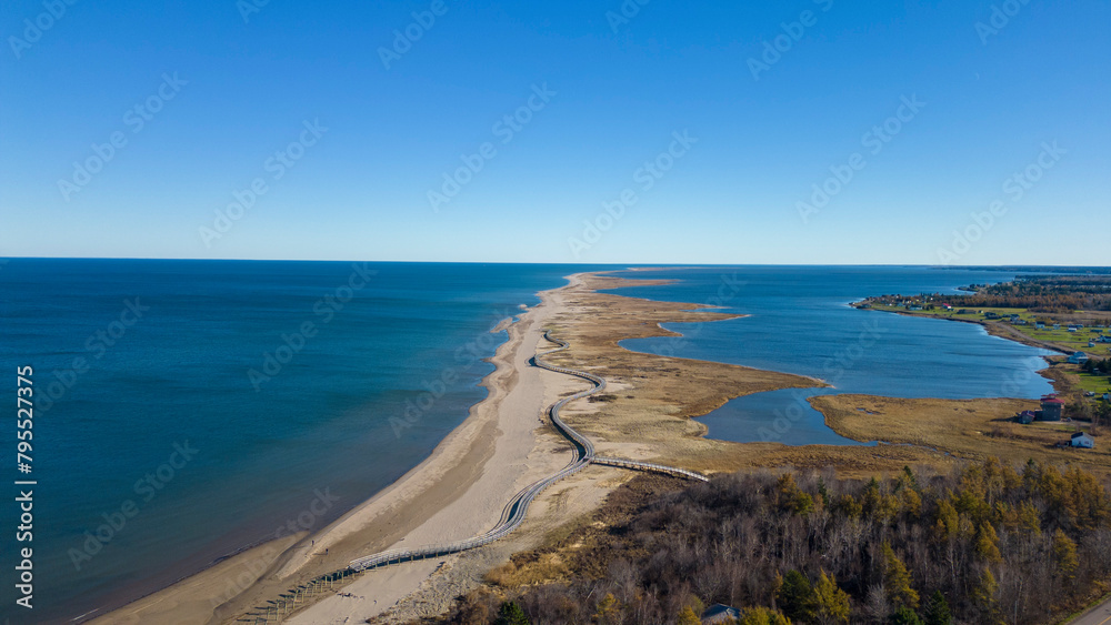 Aerial Drone View Of A Beautiful Beach and Boardwalk On The Coast Of The Atlantic Ocean in Bouctouche, New Brunswick, Canada