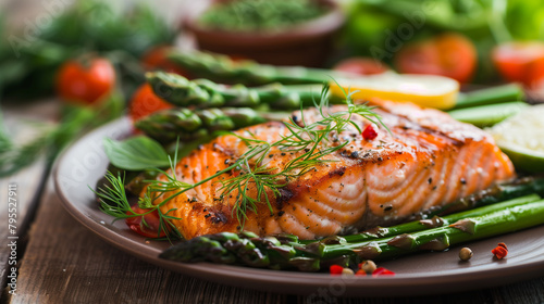 Close-Up of Grilled Salmon Dinner. Grilled salmon with asparagus on a plate, ideal for culinary blogs and healthy eating themes.