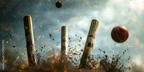 Cricket ball hitting wicket stumps knocking bails out against blue sky background photo