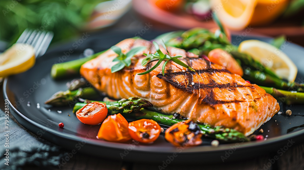 Close-Up of Grilled Salmon Dinner. Grilled salmon with asparagus on a rustic black plate, ideal for healthy lifestyle promotions. Close-Up of Grilled Salmon Dinner. Grilled salmon with asparagus on a rustic black plate, ideal for healthy lifestyle promotions.
