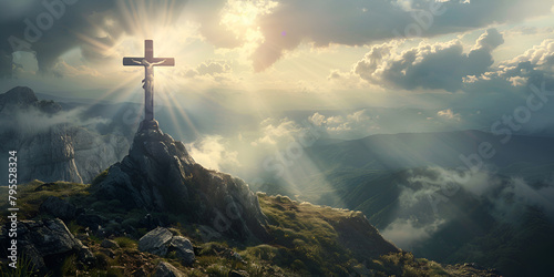 Holy cross symbolizing crucifix at the top of mountain with sunlight background photo