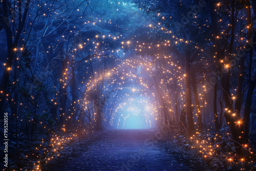 Fantasy landscape, Enchanted forest with shimmering lights, Magical ambiance, Space for copy