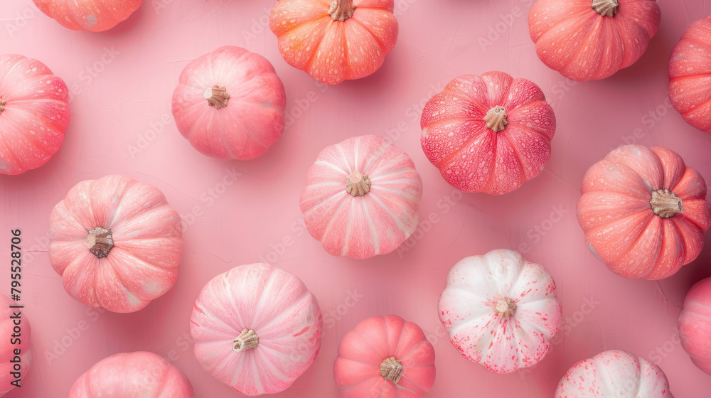 Pink and white pumpkins arranged on pink background Pink and white pumpkins arranged on pink background