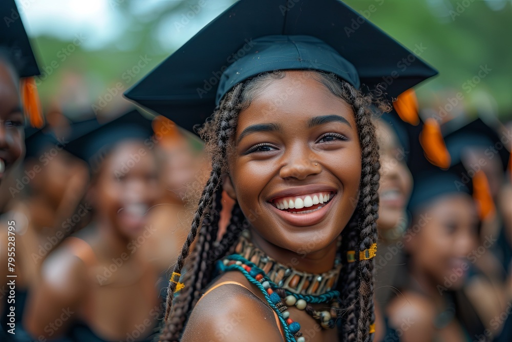 Group of joyful black graduates celebrating with beaming smiles, clad in caps and gowns