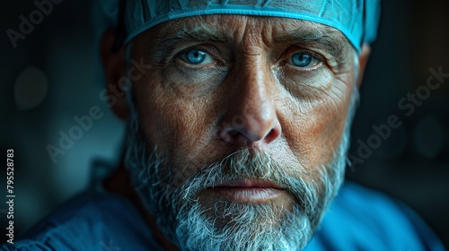 Portrait of a male doctor with a beard wearing a blue surgical cap and mask, looking at the camera with a serious expression