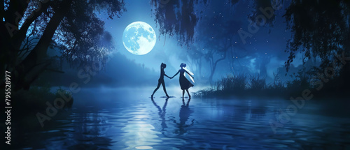 Enchanted river crossing, Fairies dancing over water, Moonlit scene, Space for copy on top