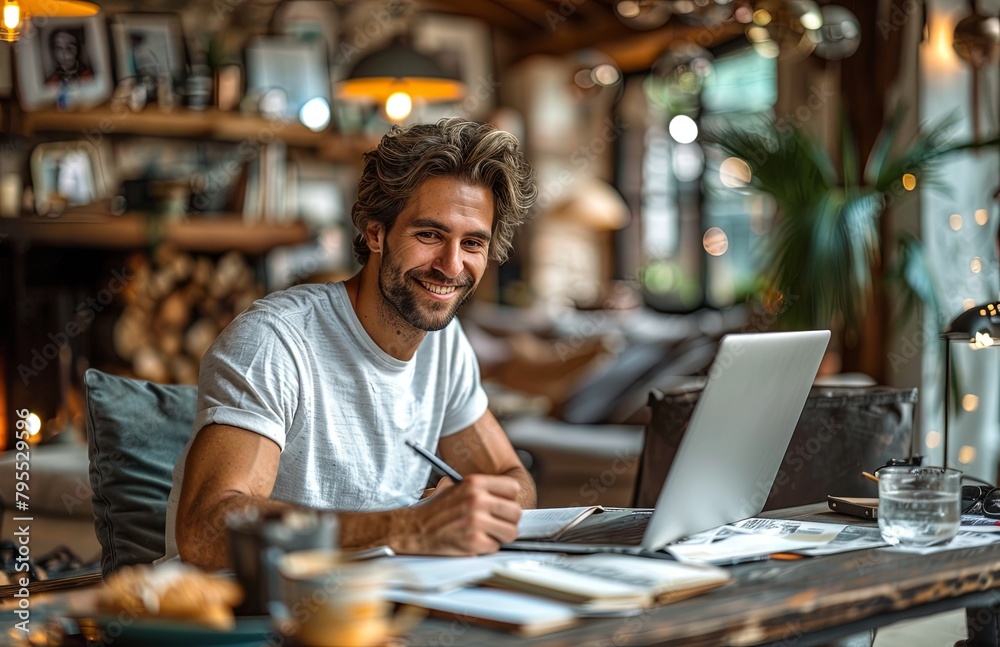 man in a white tee jotting notes near a laptop and coffee in his home office man in a white tee jotting notes near a laptop and coffee in his home office