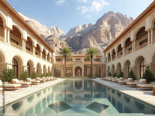 A large pool with a view of mountains and palm trees. The pool is surrounded by white buildings with arched windows © MaxK
