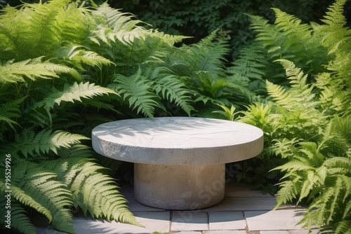stone podium stand for cosmetics with fern leaves in a summer garden