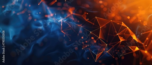 Dark blue and orange low polygonal background, creating a sharp contrast with triangular shapes, ideal for modern tech and design themes,