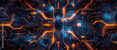 Futuristic technology wallpaper with a complex pattern, suitable for representing supercomputers and cybersecurity concepts, photo