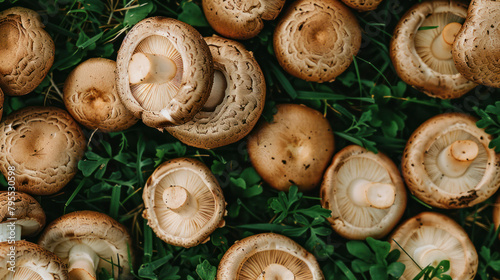 Group of mushrooms on lush green field