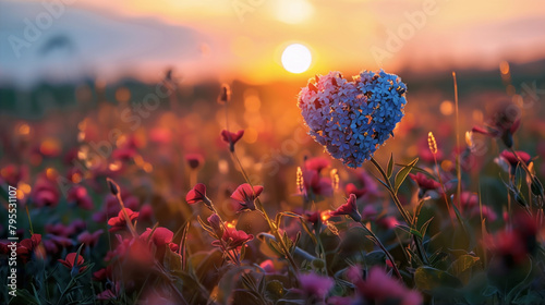 Macro type image of a flower in the shape of love heart made up of dozens of tiny blue flowers in a field of pink red flowers