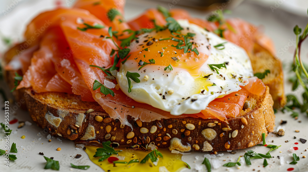 Close-Up Gourmet Smoked Salmon on Toast. A close-up of a gourmet smoked salmon and poached egg on whole grain bread. Close-Up Gourmet Smoked Salmon on Toast. A close-up of a gourmet smoked salmon and poached egg on whole grain bread.
